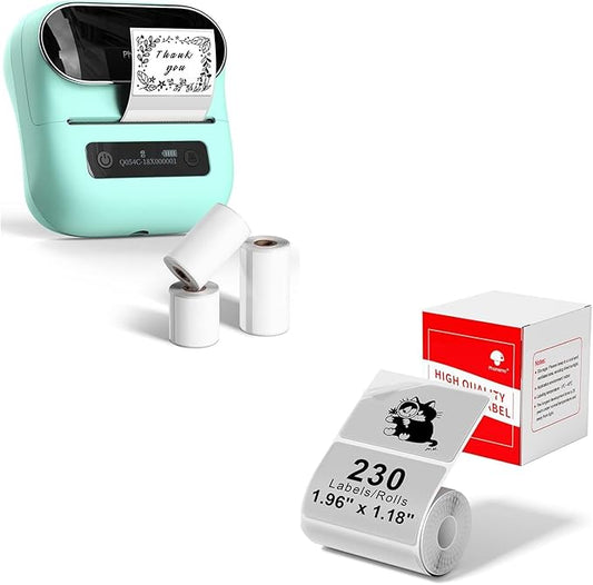 Phomemo M220 Label Maker Green & 1 Roll Transparent Thermal Label 1.96"x1.18"(50x30mm), Upgrade 3 Inch Barcode Portable Printer, for Office & Small Business, Compatible with Phones&PC