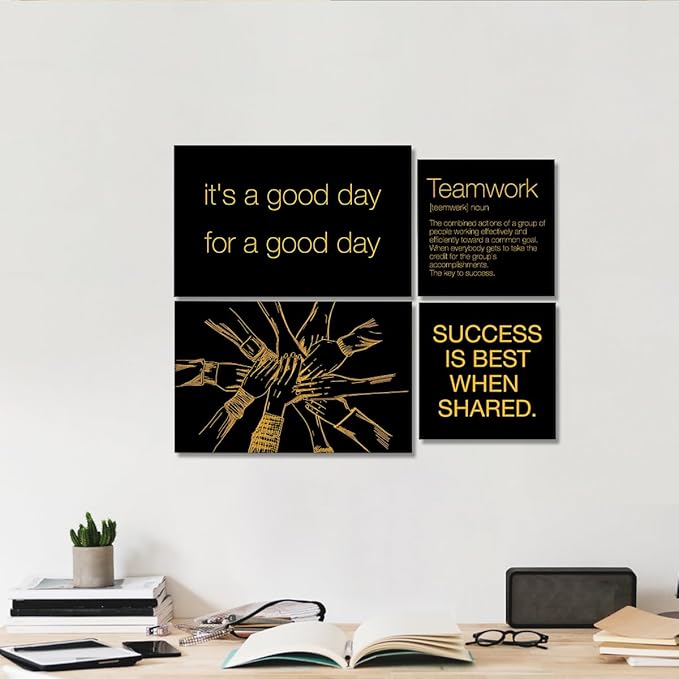 YEOION Inspirational Office Wall Art for Women,Motivational Teamwork Wall Decor for Office,Black and Yellow Postive Quote Workplace Canvas Wall Art for Set of 6