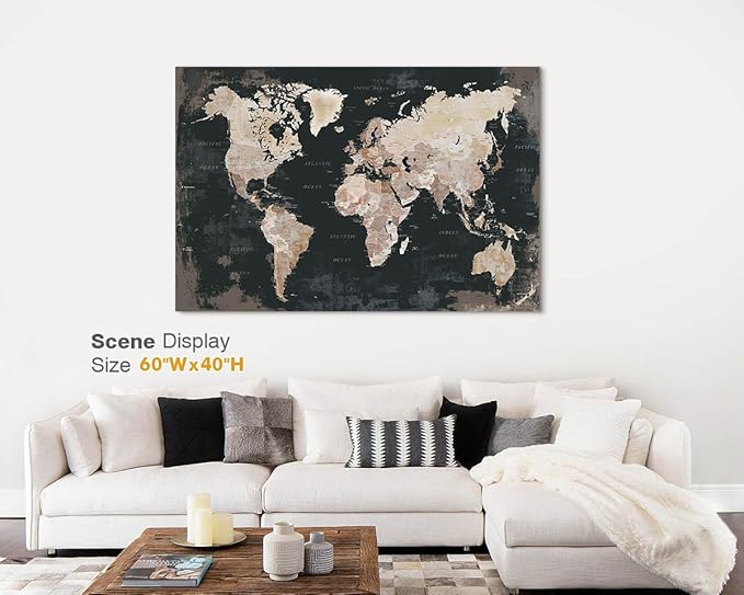Large Wall Decor Living Room Wall Art Framed Office Pictures World Maps for Wall Canvas Paintings Contemporary Black and White Artwork
