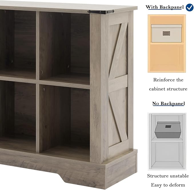 6 Cube Storage Organizer, 2 Tier Book Shelf with Led Lights, Farmhouse Book Shelves for Living Room, Horizontal Toy Storage Bookshelf, Wood Display Bookcase Cabinet for Bedroom, Office, Grey