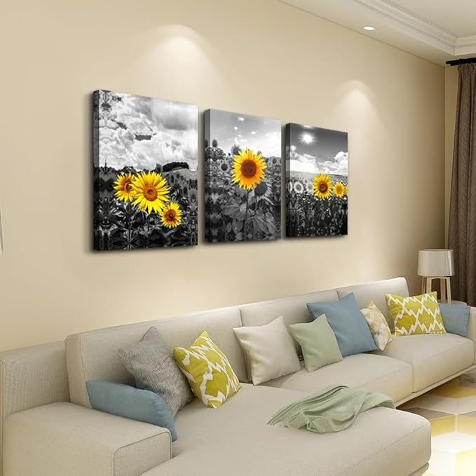 Lapremoly Large Canvas Wall Art For Living Room Decoration For Bedroom Black And White Sunflower Flowers Painting Framed Wall Decor For Kitchen Bathroom Modern Artwork Home Decor Pictures