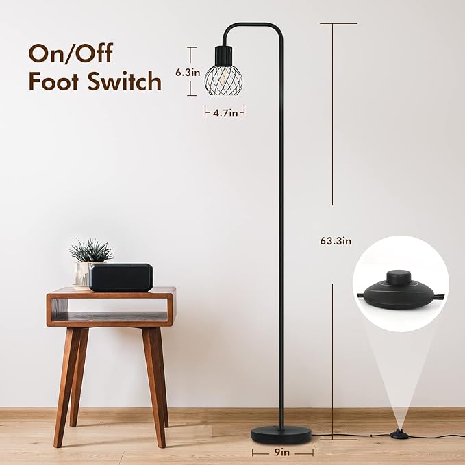 Industrial Floor Lamp, LED Standing Lamp Modern with 6W LED Bulb, Foot Switch, Metal Tall Lamps for Living Room, Bedroom, Office, Vintage Stand Up Light, Minimalist Farmhouse Floor Lamp in Black