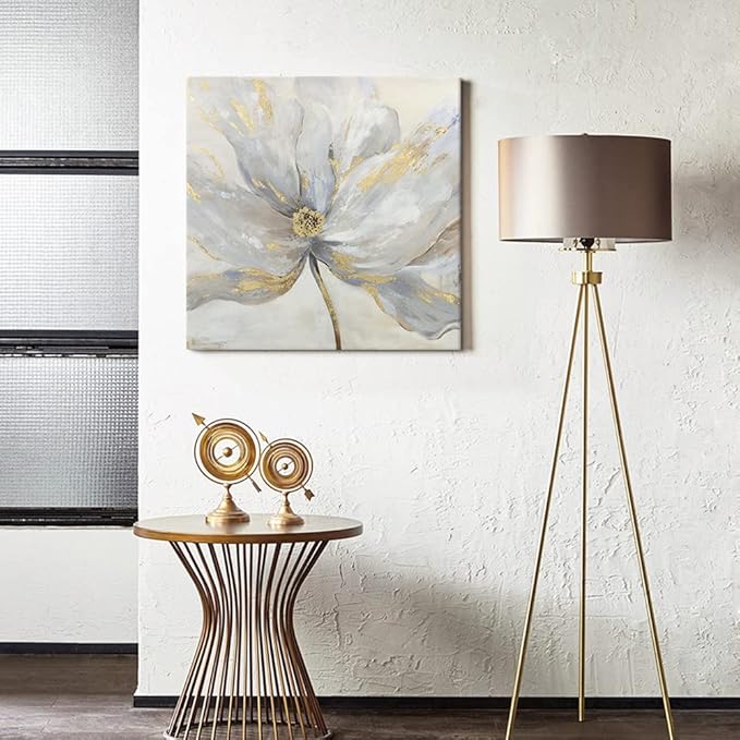 Goldfoilart Floral Wall Art Gold Flower Canvas Pictures with Foil Embellishment Painting Grey Print Framed Artwork for Bedroom Bathroom Living Room Office Wall Decor 24" x 24"
