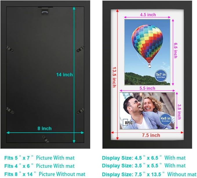 RPJC 8x14 Soild Wood 2 Opening Picture frames with High Definition Glass Display 4x6 and 5x7 with Mat or 8x14 Without Mat for Wall Mounting Hanging Collage Photo Frame Black