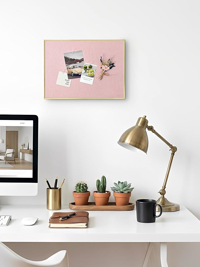 Bulletin Board with Golden Aluminum Frame, Pink Fabric Cork Board for Walls, 17 x 13 inches Pin Board with Push Pins for Office Home(G-AL,PK,4333)