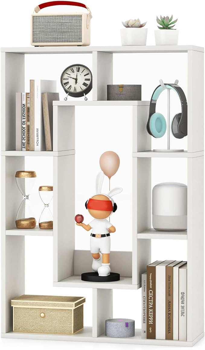 Tangkula 35.5” Geometric Bookshelf, Freestanding Wood Open Bookcase with 7 Cubes, Anti-Toppling Devices, Home Office Décor Rectangular Storage Shelf Display Rack for Study Living Room (1, White)