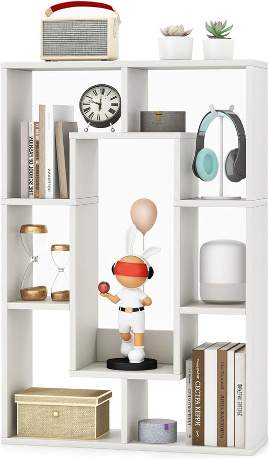 Tangkula 35.5” Geometric Bookshelf, Freestanding Wood Open Bookcase with 7 Cubes, Anti-Toppling Devices, Home Office Décor Rectangular Storage Shelf Display Rack for Study Living Room (1, White)
