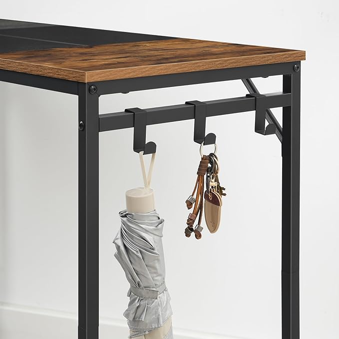 HOOBRO Computer Desk, Home Office Desk with Power Outlet, Modern Study Writing Desk with 3 Hooks for Study Room, Home Office, Sturdy and Stable, Easy to Assemble, Rustic Brown and Black BF41UDN01