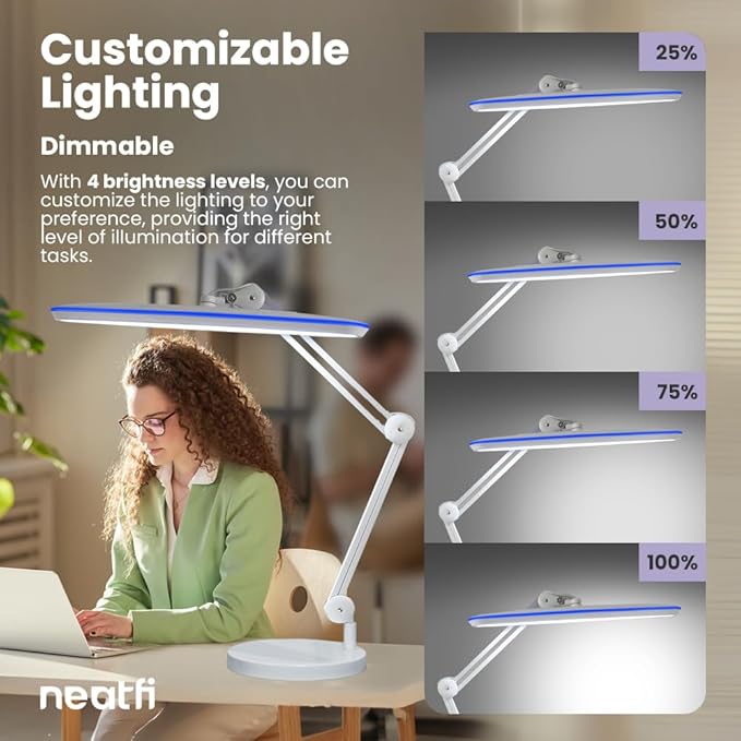 Neatfi XL 24W LED Desk Lamp with Base – 2,200 Lumens | 23” Wide Shade | Dimmable Eye-Caring Task Light | Adjustable Arm | Office, Study, Crafting & Nail Techs (White, Non-CCT with Base)