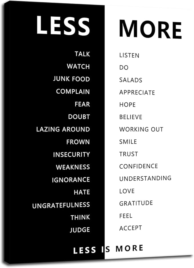 Less is More Motivational Print Wall Art for Office Black and White Inspirational Poster Inspiring Picture Painting Modern Artwork for Home Bedroom Living Room Office Decor Frame[18''W X 24''H]