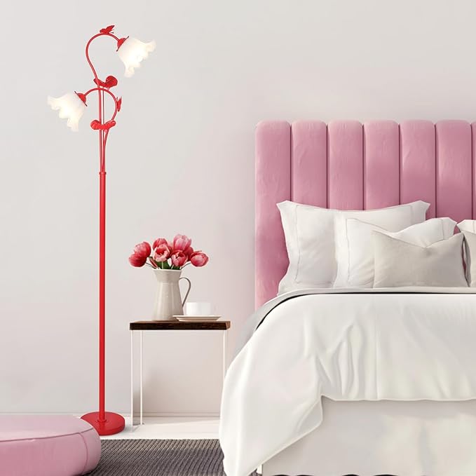 HMVPL Red Floor Lamp for Living Room, Flower Standing Lamp with 2 LED 5W Blubs, Foot Switch, Floral Tall Lamp with Acrylic Shade, Antique Lotus Flower Floor Lamp for Living Room Office Reading