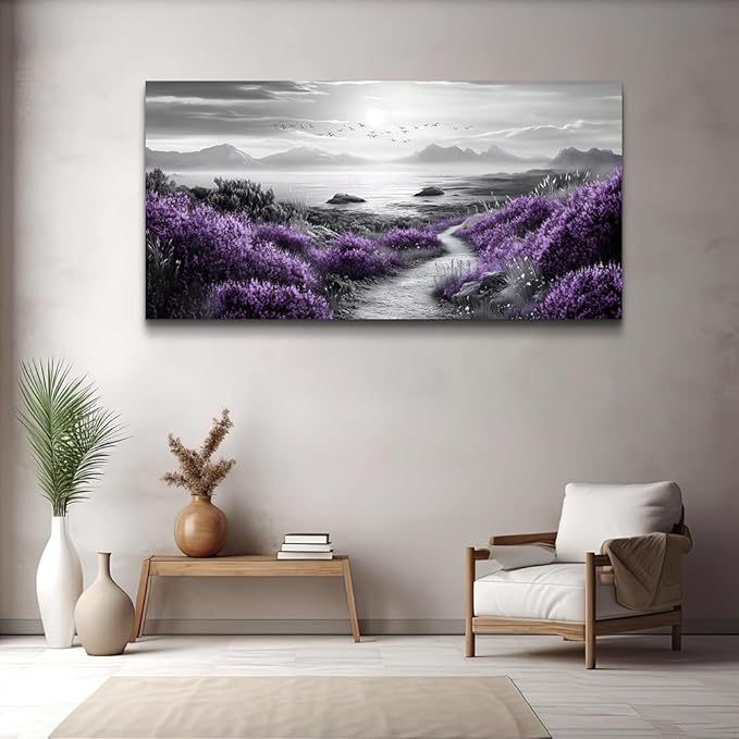 FUHAIHUA Canvas Wall Art For Living Room Wall Decor For Bedroom Office Wall Decoration Purple Flowers Landscape Painting Black And White Pictures Artwork Room Aesthetic Home Decor 20x40 In