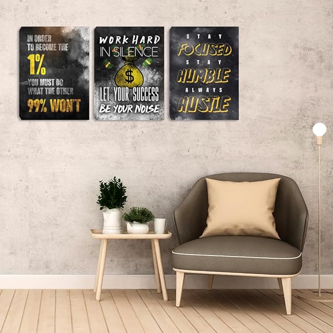 Motivational Canvas Wall Art Inspirational Success Quotes Wall Art Retro Black White Poster Hangs Picture Hustle Canvas Painting Artwork for Office Bedroom Living Room Workplace (36''Wx 16''H)