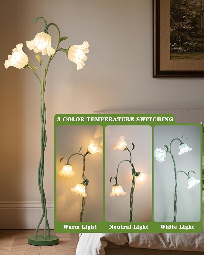 Flower Standing Lamp for Bedroom, Cute Floor Lamp with Flexible Neck, Bulbs Included, 3 Color Temperatures Vintage Tall Reading Lamp for Home Living Room Corner (Green)