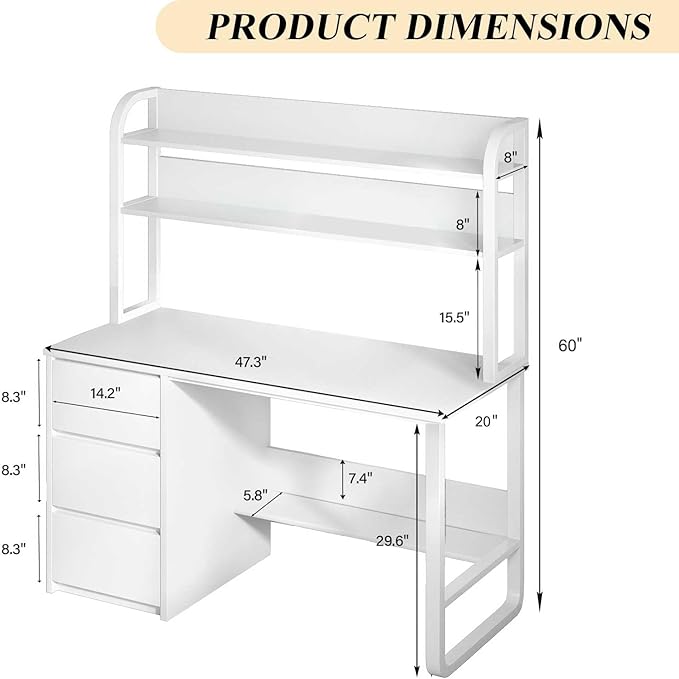 White Desk with Hutch, 47 Inch Computer Desk with 3 Drawers for Bedroom, Study Writing Desk with Shelves for Small Spaces, Adjustable Feet