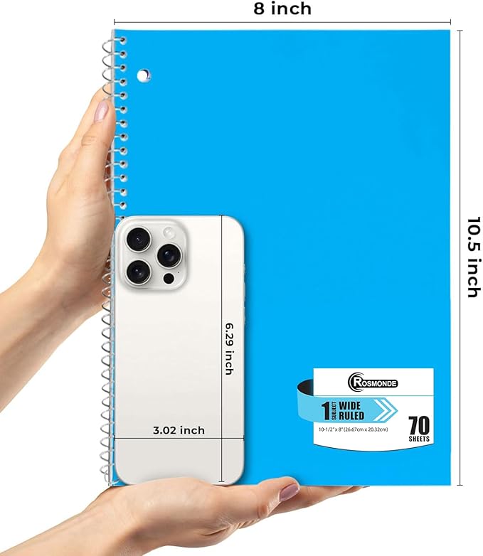 Rosmonde 50 Pack, 1 Subject Spiral Notebook Wide Ruled Bulk, 140 Pages (70 Sheets), Thick No-Bleed Paper, 8 x 10-1/2", 3 Hole Punched, 1 Subject Spiral Notebook Bulk, Bulk Subject Notebook