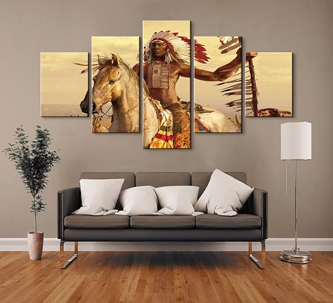 YOUHONG Native American Wall Art | Chief with Horse Design | 5-Panel Set with High-Definition Printing, Ready to Hang for Indian Home Decor, Native American Wall Decor, Size 60''W x 32''H