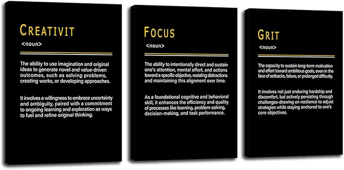 WYJDFART CREATIVITY FOCUS GRIT Noun 3 Pieces Inspirational Wall Art that Achieve the Goal Printed Canvas Poster Motivational Wall Decor for Office Home Bedroom Workplace[60''Wx 28''H]
