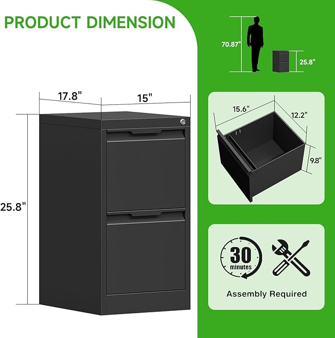 2 Drawer File Cabinet with Lock, Heavy Duty Steel Under Desk Vertical Filing Cabinet for Home Office Use, Printer Stand with Drawers, for A4/Letter-Size Files, Easy to Assemble,Black