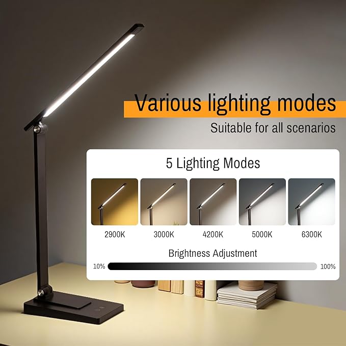 ErayLife Rechargeable LED Desk Lamp, 800LM 2600mAh Reading Table Lamp, 5 Color Modes 5 Brightness Touch LED Desk Lamps, Bedside Lamp with USB Charging Port for Study Home Office Nail, Black