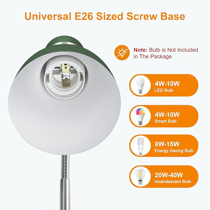LEPOWER Metal Desk Lamp, Adjustable Goose Neck Table Lamp, Eye-Caring Study Desk Lamps for Bedroom, Study Room and Office (Green)