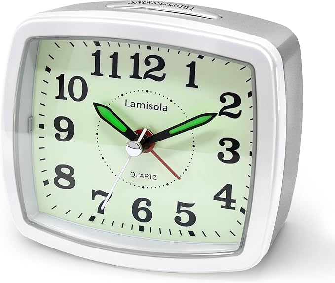 Small Battery Travel Alarm Clock, Analog Clocks for Bedrooms, Bedside Nightstand Desk Tabletop Bookshelf Clock for Bathroom Office, Maximalist Decor for Home, Silver