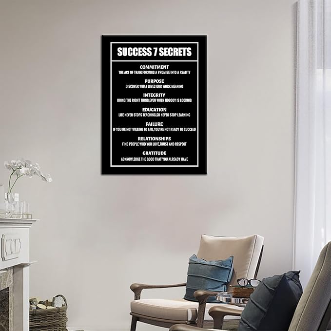 PSYYSP Success 7 Secrets Motivational Wall Art Printed Pictures Canvas Inspirational Entrepreneur Quotes Poster Home Decor Painting Frame for Living Room Gym Office Ready to Hang [18''Wx24''H]