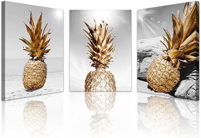 Lapremoly Large Wall Decor for Kitchen Dining Room Artwork Black And White Wall Painting 3 Piece Canvas Wall Art For Living Room Beach Scenery Pineapple Pictures Restaurant Framed Wall Decoration