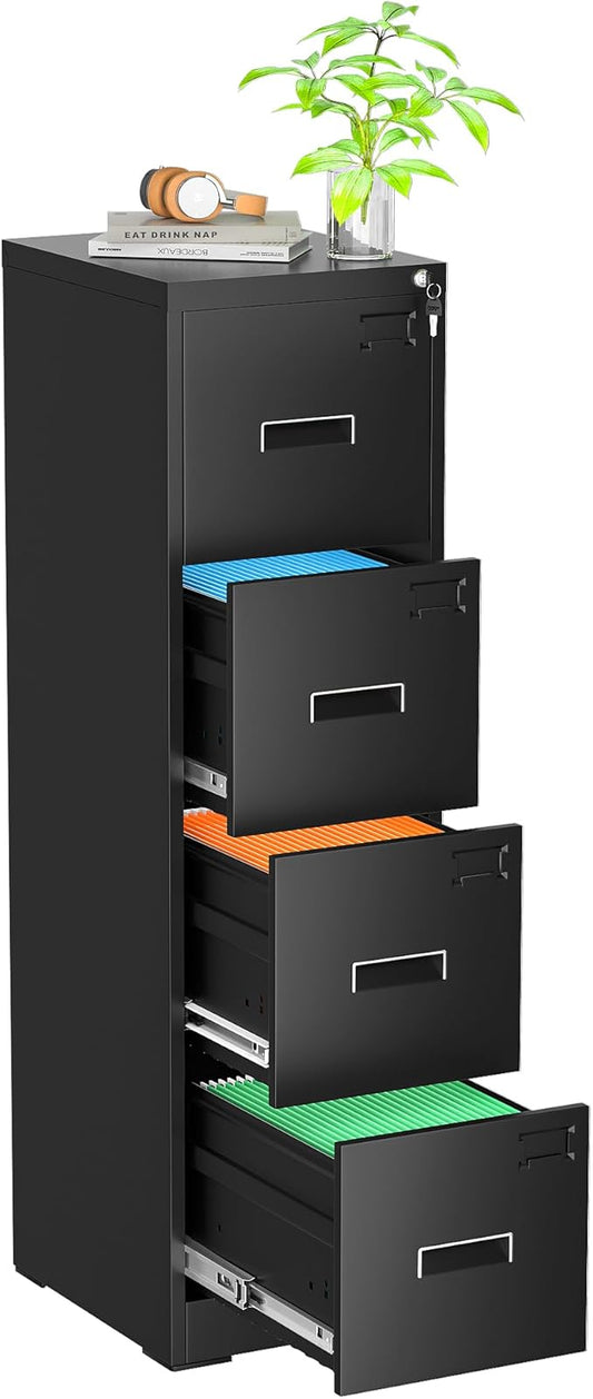 Superday 4 Drawer File Cabinets, 18” D Vertical File Cabinet with Lock, Locking Filing Cabinet for Home Office, Black Metal Filing Cabinets for Hanging Letter/Legal Folders, Easy Assemble