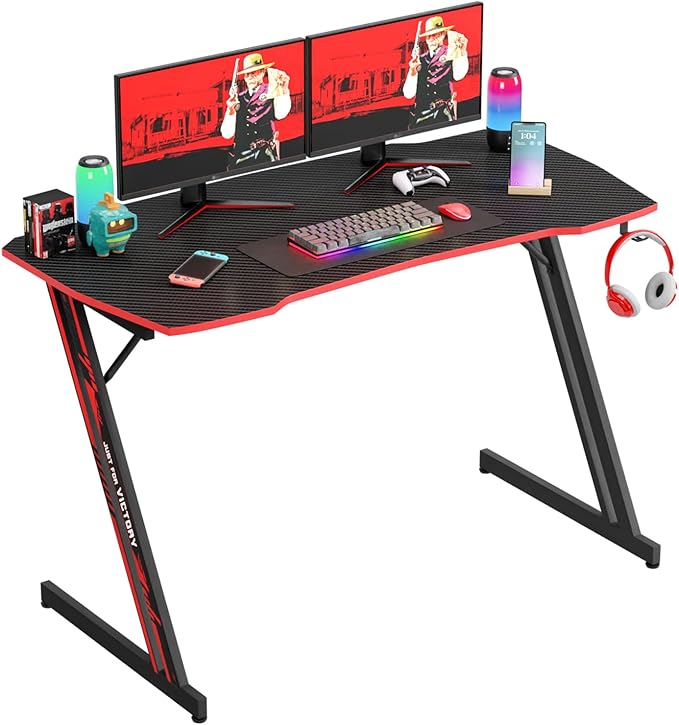 PayLessHere | 47" Gaming Table | Red | Z-Shaped Computer Desk with Steel Frame, Headphone Hook, Adjustable Feet | Carbon Fiber Texture Surface, Sweat & Waterproof | for Gaming, Home Office