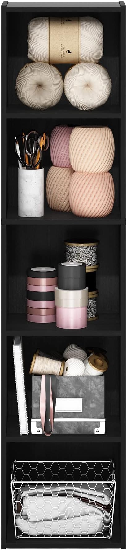 Furinno PASIR Book Shelf, 5-Tier Modern Bookshelf, Open Shelves Bookcase, 9 x 12 x 52, for Living Room, Bedroom, Home Office, Darkwood