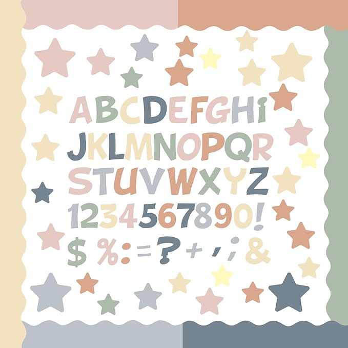 Containlol 188 Pcs Bulletin Board Borders Letters Stars Cutouts Set Include 59ft Poster Board Trims, Alphabet Letter Star Number Punctuation for Classroom(Boho Color)