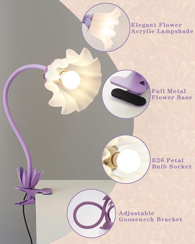 Flower Desk Lamp with Clamp - School Dorm Supplies, 3 Color Modes Flower Eye-Caring Clip on Light, Flexible Neck Reading Lamps for Home College Studying Room Bedside (Purple)