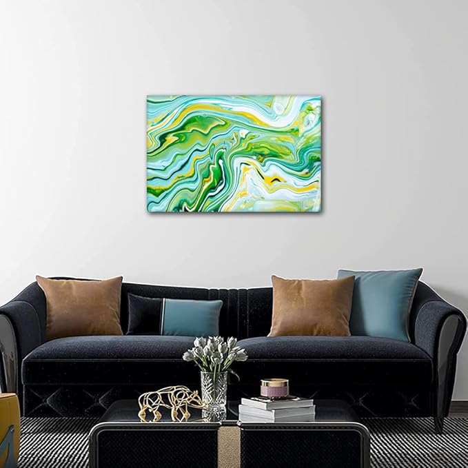 Modern Canvas Artwork 1 Panel Canvas Wall Decor Blue Yellow and Green Overflowing Colors Poster Printing for Men Lady Living Room Bedroom Canvas Wall Decor Stretched and Framed Ready to Hang 24x16 in
