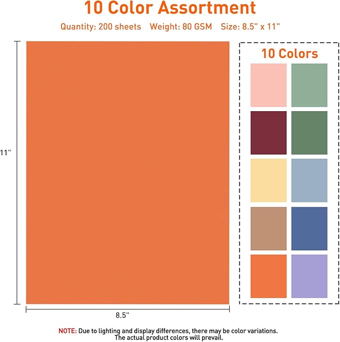 MAXECHO 8.5" x 11" Bulk Colored Copy & Print Paper, 200 Sheets 10 Assorted Colors Printer Paper Computer Paper Suitable for Origami, Crafts, DIY Projects, 80 GSM
