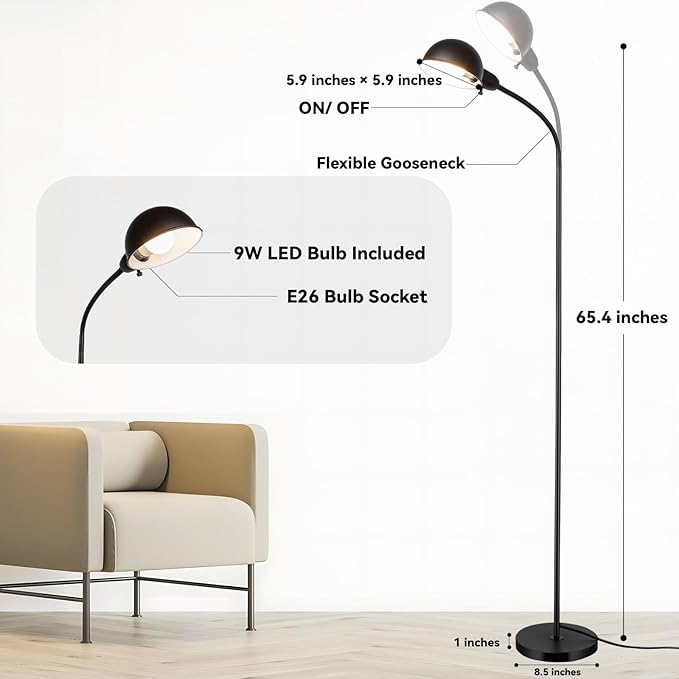 Dimmable Floor Lamp with Flexible Gooseneck and Rotatable Shade, Modern Style Standing Tall Lamp, E26 Socket, LED Reading Lamp (Black)