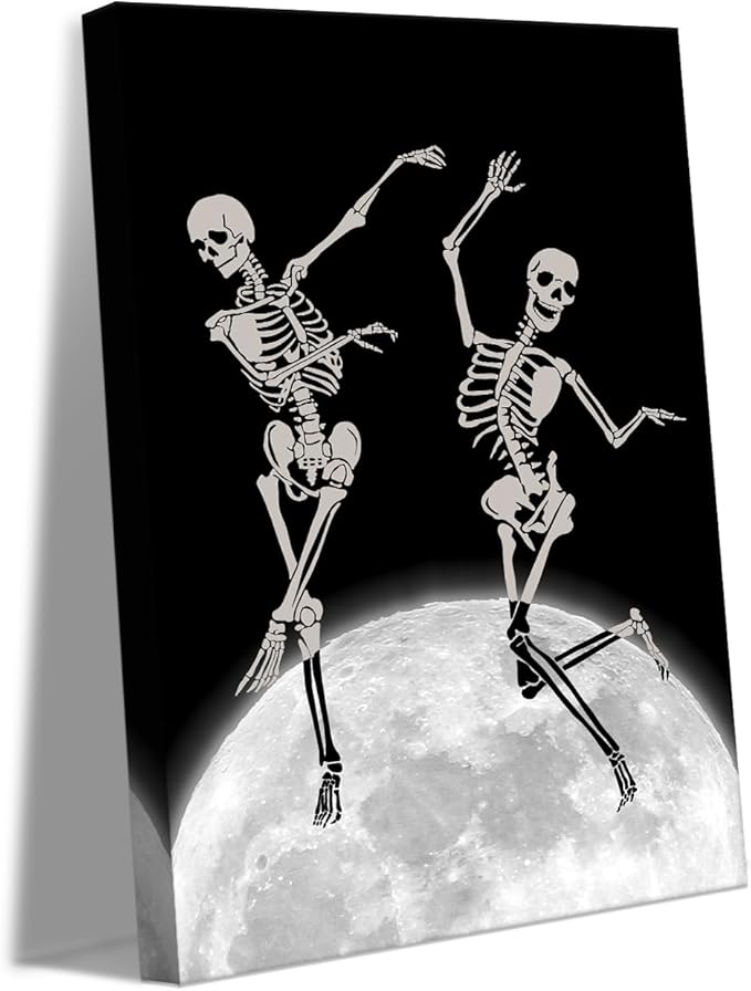 Skull Wall Art - Creative Skeletons Dancing on the Moon Canvas Prints Unique Gothic Wall Decor Funny Dark Humor Poster Spooky Home Decoration for Living Room Bedroom Office, Framed 12x16 in