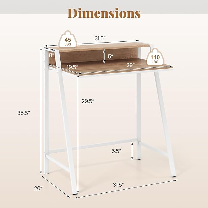 Tangkula Small Computer Desk, Compact Home Office Desk with Sturdy Frame, 2 Tier Study Writing Table for Small Place Apartment Office, Desk for Bedroom, Kid’s Desk