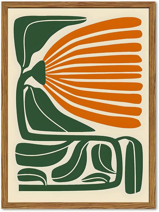 Framed Boho Floral Wall Art, Mid Century Modern Flower Canvas Wall Decor Pictures, Green and Orange Abstract Botanical Paintings Poster Prints Eclectic Home Decor for Living Room Bedroom 12x16 inch