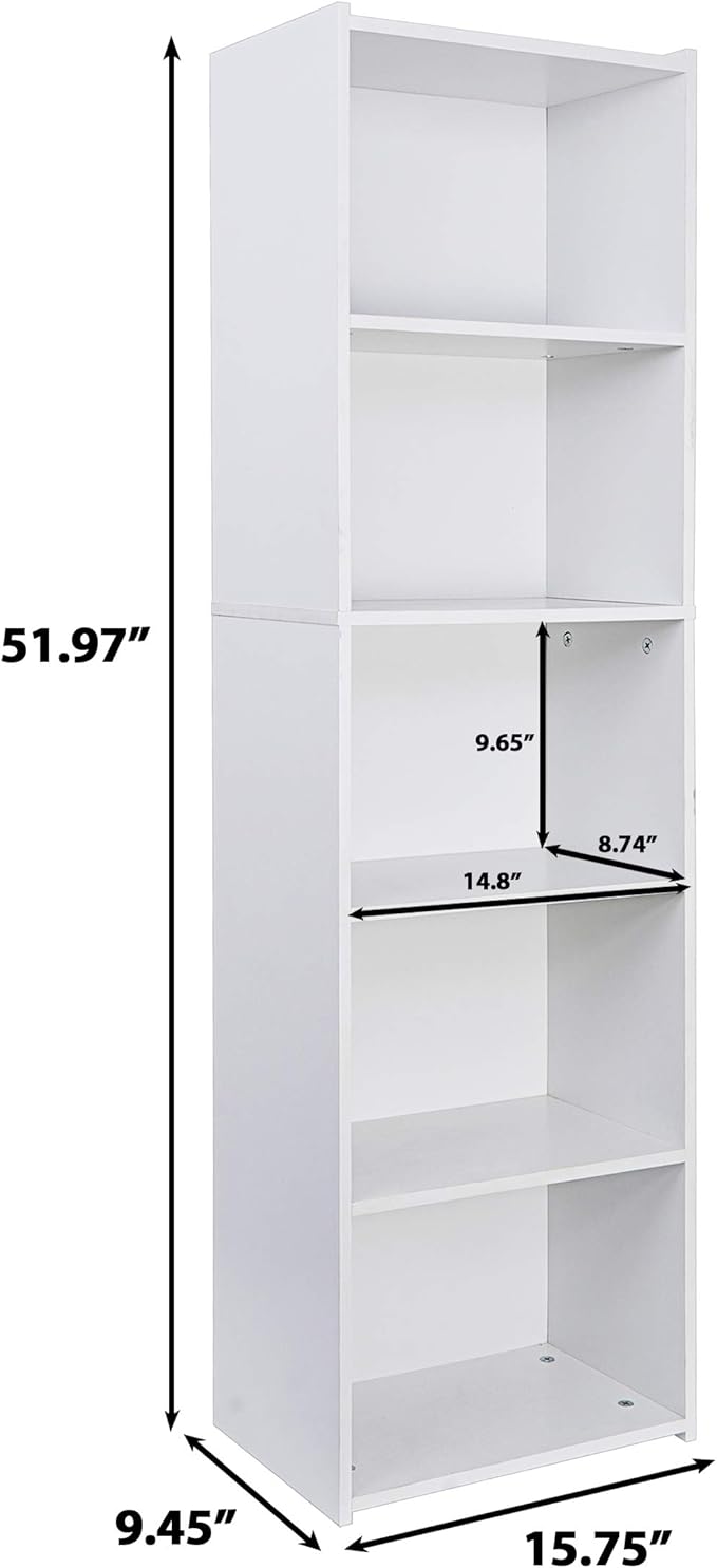 Display Storage Bookcase 5-Tier, Industrial Freestanding Bookshelf for Modern Home Office, Living Room, 52 Inch Open Shelf Rack for Books, Records, Photo Frames and Plants (White)