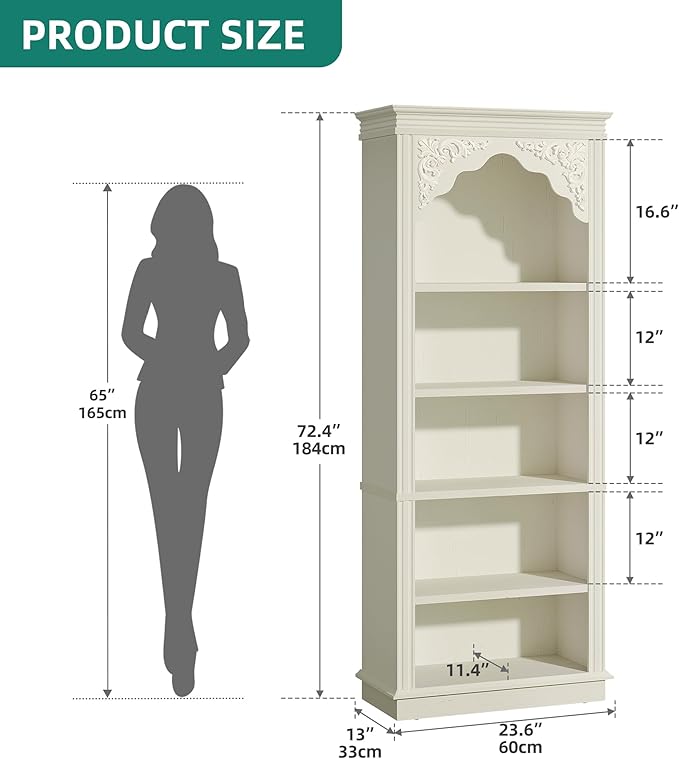 YITAHOME Vintage 72.4" Tall Bookshelf, 5-Tier Arched Bookcase with Storage, Roman Columns and Classical Carved Design, Open Display Rack with Adjustable Shelves for Living Room and Home Office, White