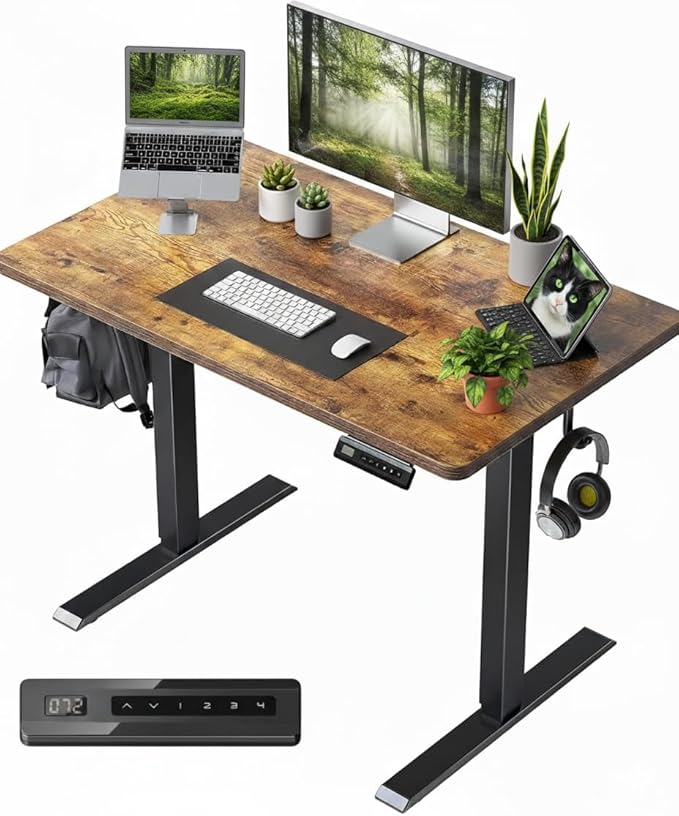CubiCubi 32 x 20 Inches Small One-Piece Standing Desk, Adjustable Height Electric Computer Sit Stand up Home Office Workstation, with 4 Memory Presets, Headphone Hook, Vintage