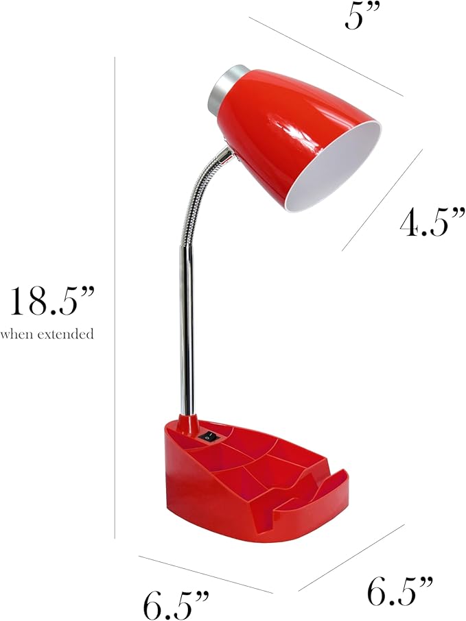 Simple Designs LD1067-RED Compartmental Desk Lamp with iPhone/iPad/Tablet Stand, Bendable Gooseneck, for Office, Living Room, Nightstand, Library, Entryway, Red