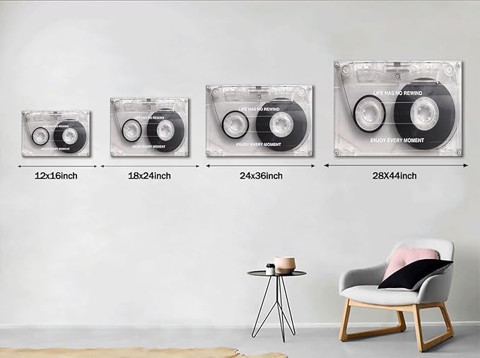 Cassette Music Wall Art with Life Has No Rewind Enjoy Every Moment Motivation Words,Inspirational Vintage Framed Art Posters Stretched and Framed Ready to Hang -12"X16"