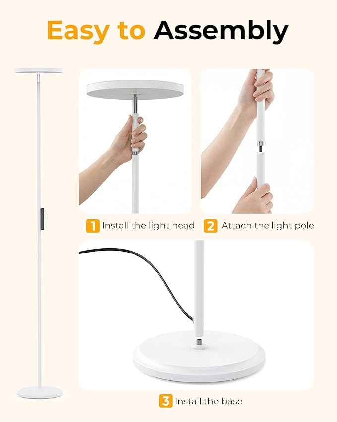 LED Floor Lamps, 2800Lm Standing Lamp Remote & Foot Switch with 1H Timer, 2700-6500K Stepless Dimmable Modern Pole Light for Bedroom, Office, Reading, White