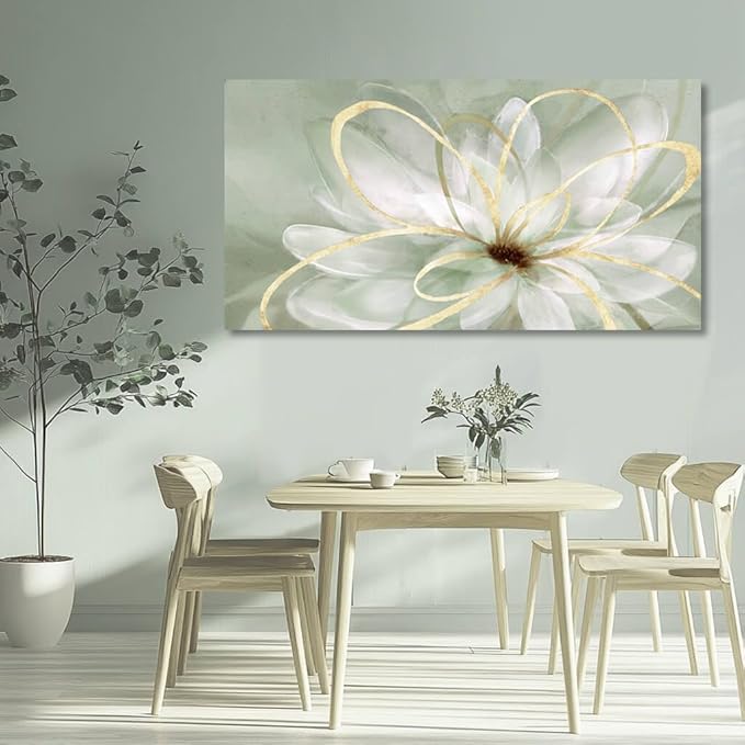 Artexist Flower Wall Decor White Blossom Plant Gold Line Canvas Painting Modern Hand Painted Wall Art for Living Room Bedroom Office 29x58 Inch