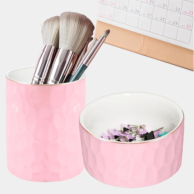 Aesthetic Desk Accessories Set of 2 For Your Office Desk Decor- Sturdy Concrete Desktop Accessories For Women Enhance Any Office Decor - Set incl. Ceramic Pink Pen Holder and Paper Clip Holder(Pink)