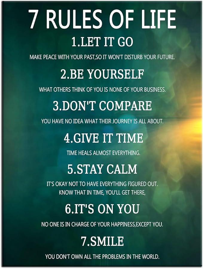 7 Rules of Life Motivational Canvas Wall Art Large Poster Print Inspirational Quotes Colorful Background Picture Painting Artwork for Living Room School Office Gym Stretched and Framed [30''Wx 40''H]