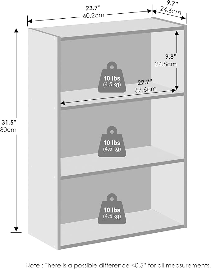 Furinno Simple Book Shelf, 3-Tier Bookshelf, Storage Shelves Bookcase, 9.7 x 23.7 x 31.5, for Living Room, Bedroom, Home Office, Plain White