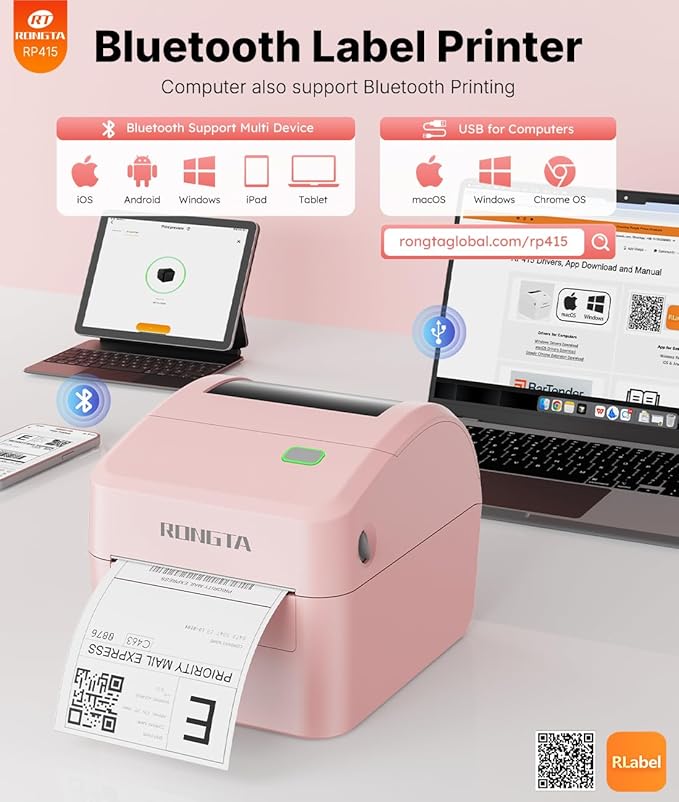 Rongta 4x6 Bluetooth Shipping Label Printer - Thermal Label Printer for Shipping Packages, Small Business, Home, Office, Compatible with Amazon, Tiktok, Etsy, USPS, Commercial Grade, Pink